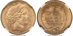 Republic gold 10 Francs 1896-A MS66 NGC, Paris mint, KM830. Tied for the finest seen by NGC to date with none graded finer by PCGS, this near flawless...