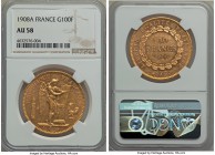 Republic gold 100 Francs 1908-A AU58 NGC, Paris mint, KM858. AGW 0.9334 oz.

HID99912102018