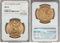 Republic gold 100 Francs 1911-A MS63 NGC, Paris mint, KM858.

HID99912102018