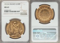 Republic gold 100 Francs 1913-A MS63 NGC, Paris mint, KM858. Among the nicest of the type we have handled, admirably struck from well-polished dies. A...