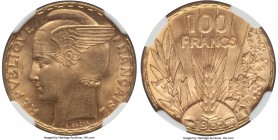 Republic gold 100 Francs 1935 MS65 NGC, Paris mint, KM880. A noteworthy type designed by Bazor that comes especially difficult to locate so clean and ...