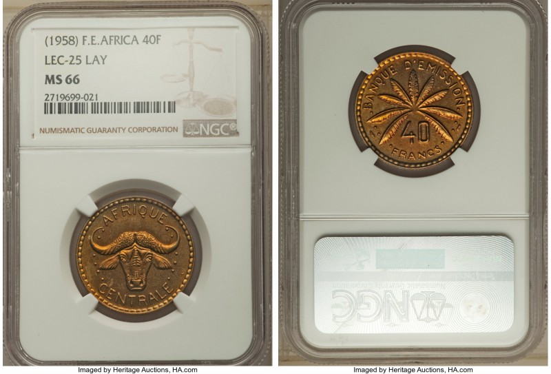 French Colony aluminum-bronze Pattern 40 Francs ND (1958) MS66 NGC, Paris mint, ...