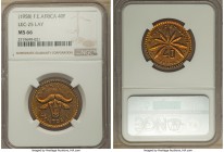 French Colony aluminum-bronze Pattern 40 Francs ND (1958) MS66 NGC, Paris mint, Lec-25. Mintage: 33. By Lay. Profuse with a reddish tone giving the us...