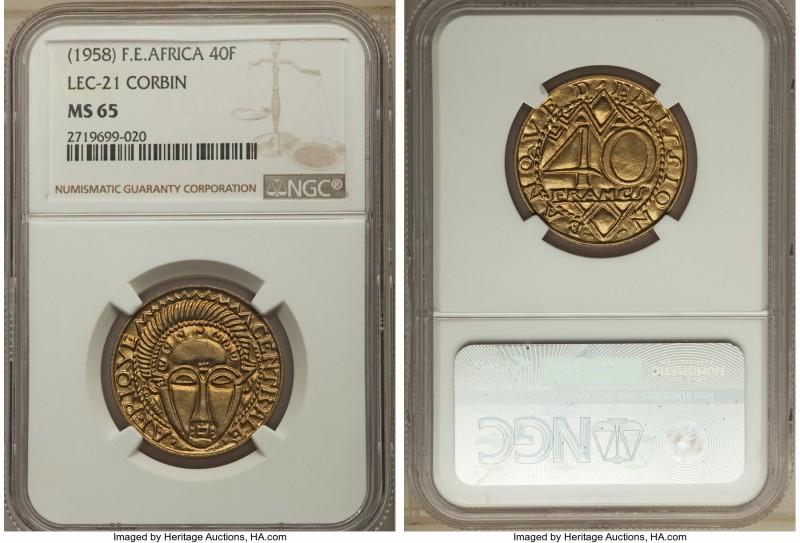 French Colony aluminum-bronze Pattern 40 Francs ND (1958) MS65 NGC, Paris mint, ...
