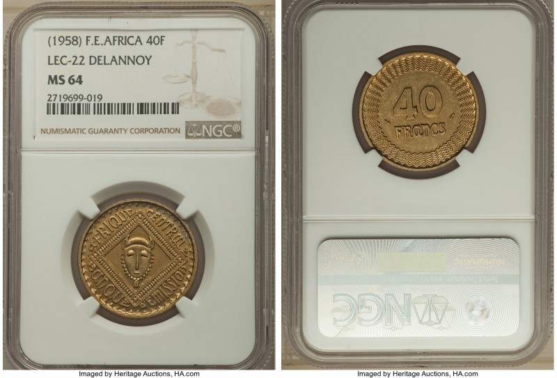 French Colony aluminum-bronze Pattern 40 Francs ND (1958) MS64 NGC, Paris mint, ...
