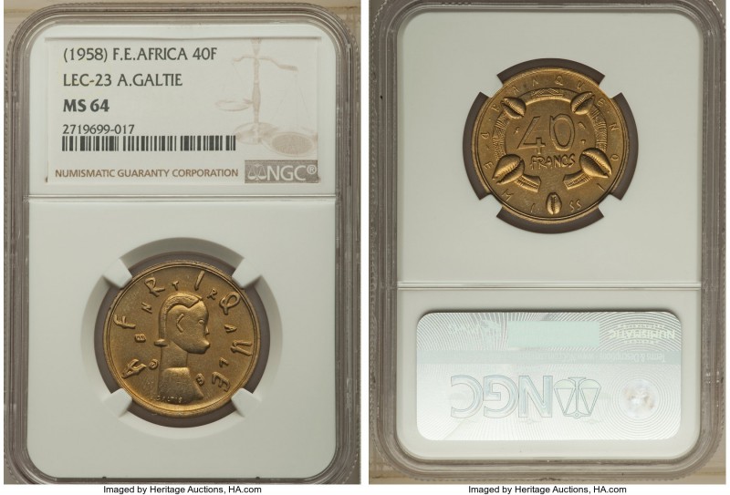 French Colony aluminum-bronze Pattern 40 Francs ND (1958) MS64 NGC, Paris mint, ...