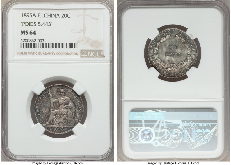 French Colony 20 Cents 1895-A MS64 NGC, Paris mint, KM3a, Lec-194. Variety with ...