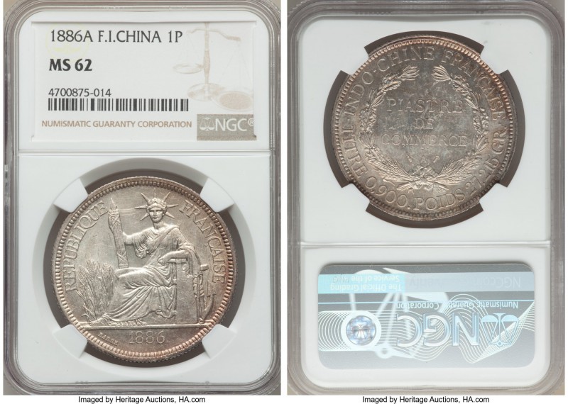 French Colony Piastre 1886-A MS62 NGC, Paris mint, KM5. Strikingly verging on ch...
