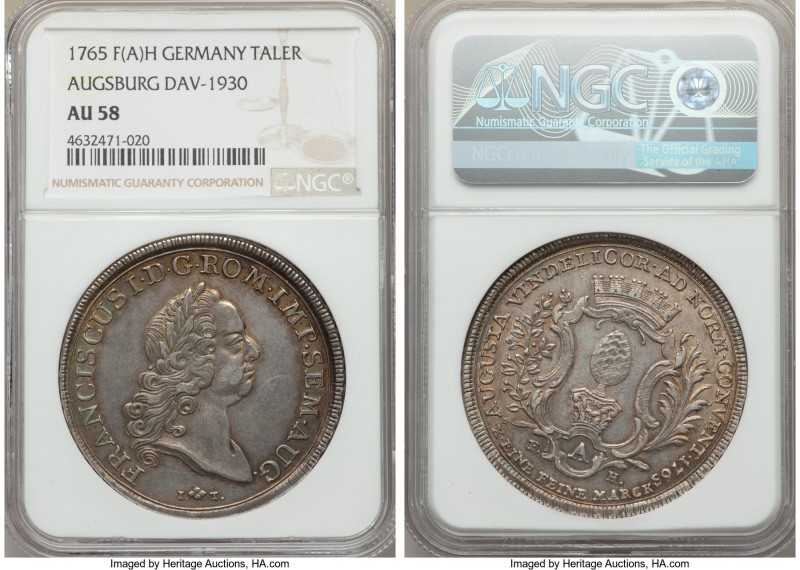 Augsburg. Free City Taler 1765 IT-F(A)H AU58 NGC, KM184, Dav-1930. With the name...