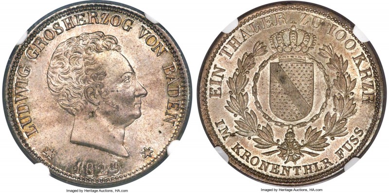 Baden. Ludwig I Taler 1829 MS66 NGC, KM193, Dav-518. Also referred to as a Krone...