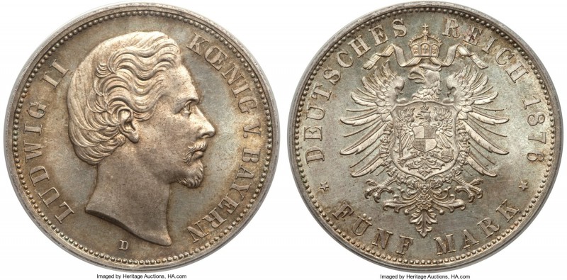 Bavaria. Ludwig II 5 Mark 1876-D MS64+ PCGS, Munich mint, KM896, J-42. A brillia...