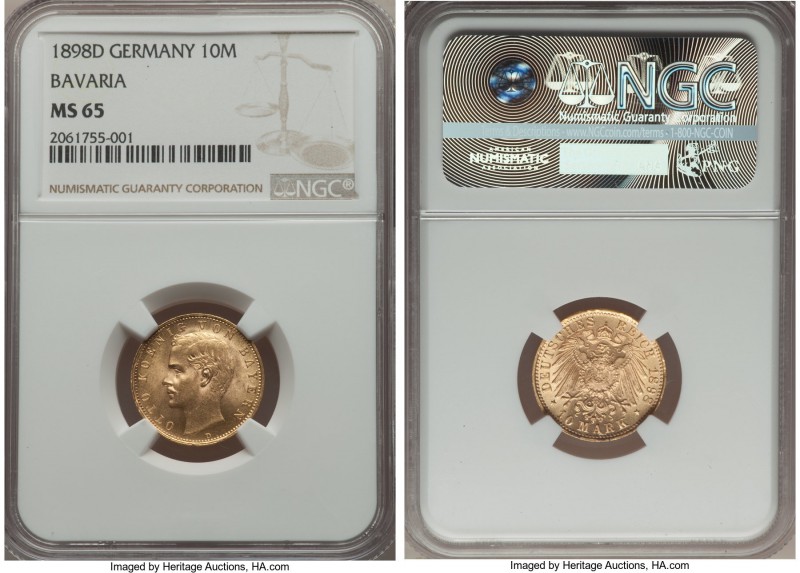Bavaria. Otto gold 10 Mark 1898-D MS65 NGC, Munich mint, KM911. A satiny gem wit...