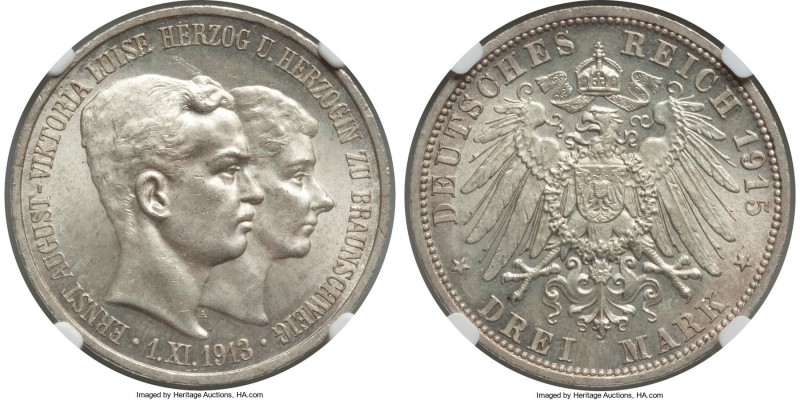Brunswick-Wolfenbüttel. Ernst August 3 Mark 1915-A MS64 NGC, Berlin mint, KM1161...