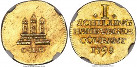 Hamburg. Free City gold Off-Metal Schilling 1798-OHK MS63 NGC, KM-Pn14, Fr-Unl, Gaed-999. An interesting off-metal striking to the weight of a ducat, ...
