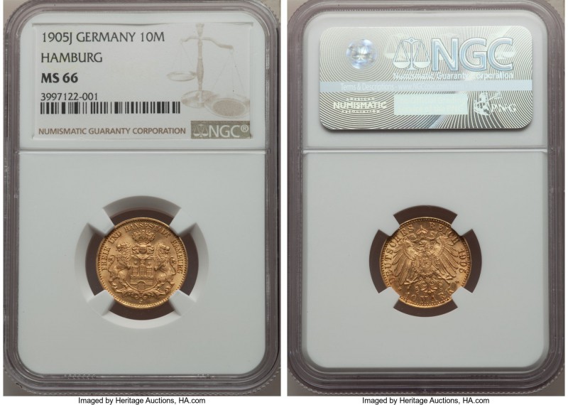 Hamburg. Free City gold 10 Mark 1905-J MS66 NGC, Hamburg mint, KM608, Jaeger-211...