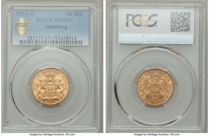Hamburg. Free City gold 20 Mark 1913-J MS65+ PCGS, Hamburg mint, KM618.

HID9991...