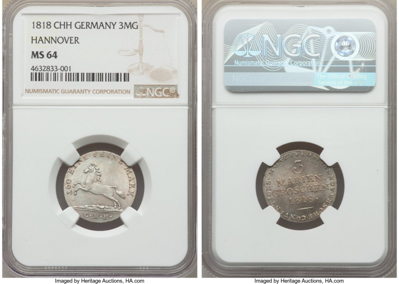 Hannover. George III 3 Mariengroschen 1818-CHH MS64 NGC, KM114.1. Phenomenal sat...