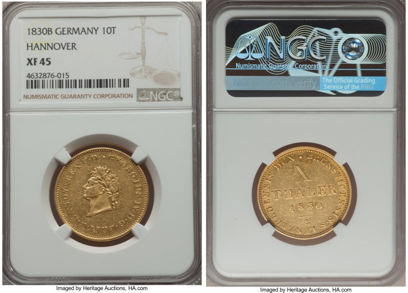 Hannover. George IV of England gold 10 Taler 1830-B XF45 NGC, Hannover mint, KM1...