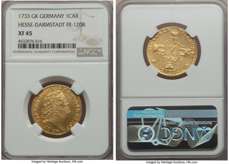 Hesse-Darmstadt. Ernst Ludwig gold Carolin (10 Gulden) 1733 G-K XF45 NGC, KM162,...