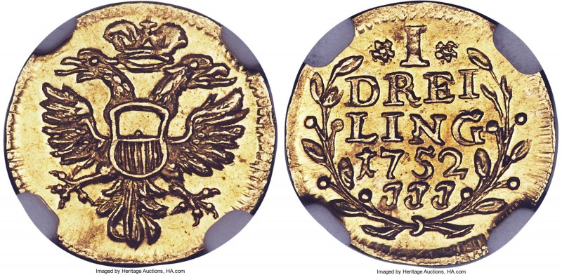 Lübeck. Free City gold Off-Metal Dreiling (1/4 Ducat) 1752-JJJ MS64 NGC, KM-Unl....