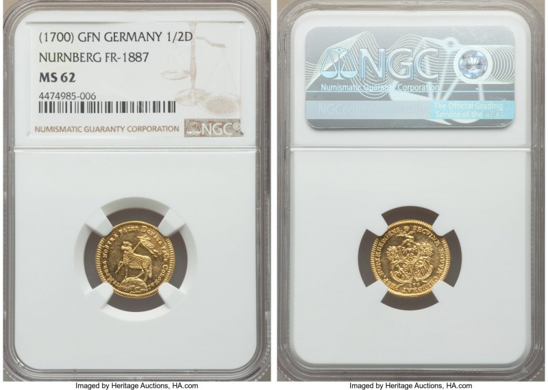 Nürnberg. Free City gold 1/2 Ducat 1700-GFN MS62 NGC, KM254, Fr-1887. Highly lus...