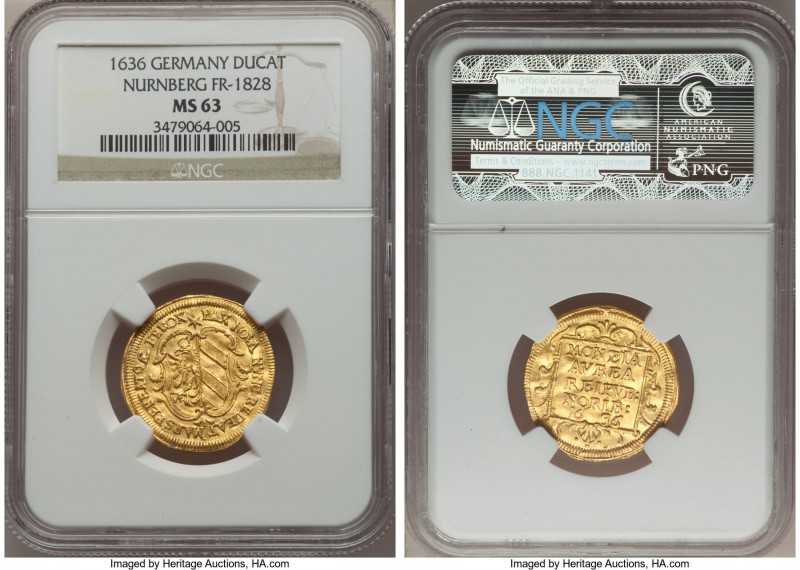 Nurnberg. Free City gold Ducat 1636 MS63 NGC, KM136, Fr-1828. Struck during the ...