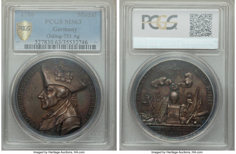 Prussia silver "Frederick the Great Tribute" Medal 1786 MS63 PCGS, 43mm, Olding-...