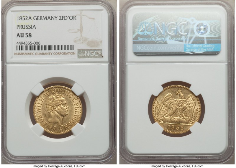 Prussia. Friedrich Wilhelm IV gold 2 Frederick d'Or 1852-A AU58 NGC, Berlin mint...