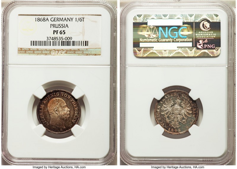 Prussia. Wilhelm I Proof 1/6 Taler 1868-A PR65 NGC, KM495. Most uncommon as a pr...