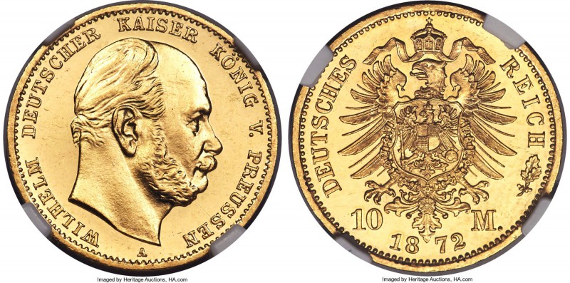 Prussia. Wilhelm I gold Proof 10 Mark 1872-A PR65 Cameo NGC, Berlin mint, KM502....