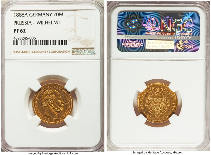 Prussia. Wilhelm I gold Proof 20 Mark 1888-A PR62 NGC, Berlin mint, KM505. A ful...