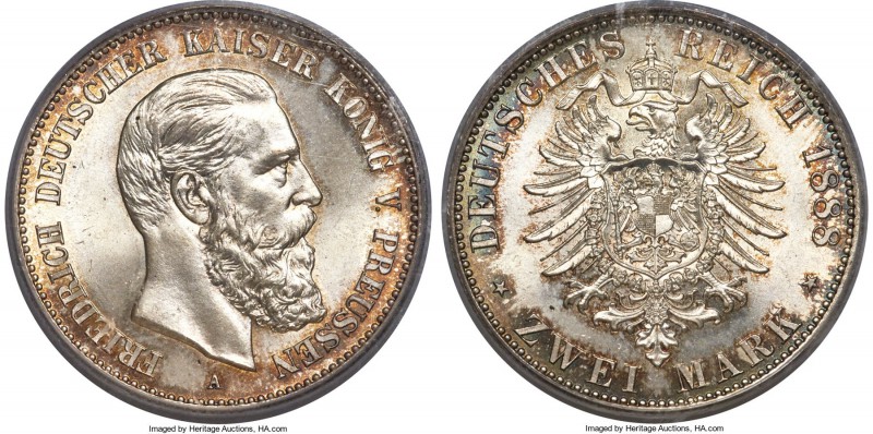Prussia. Friedrich III 2 Mark 1888-A MS68 PCGS, Berlin mint, KM510. In an unbeli...