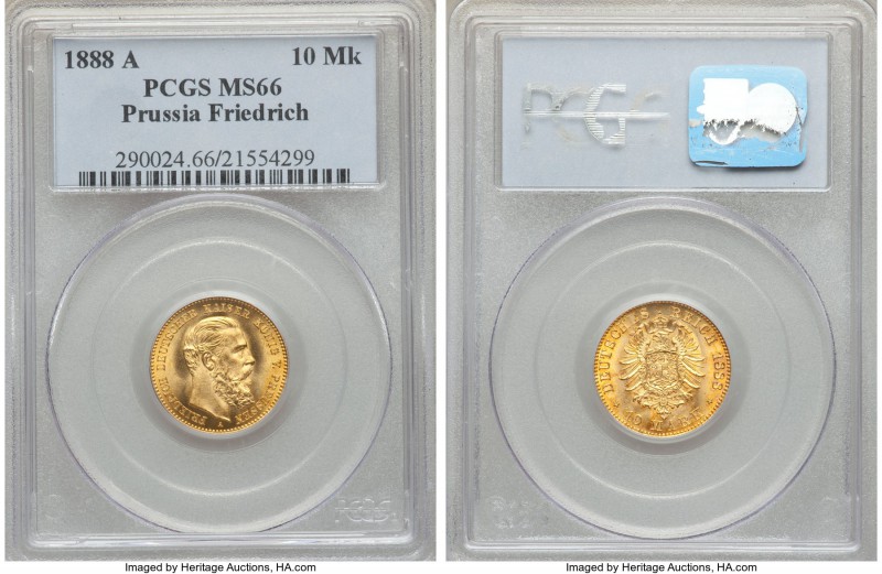 Prussia. Friedrich III gold 10 Mark 1888-A MS66 PCGS, Berlin mint, KM514. Lackin...