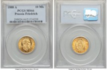 Prussia. Friedrich III gold 10 Mark 1888-A MS66 PCGS, Berlin mint, KM514. Lacking all serious imperfections with a peachy tinge to the rich yellow-gol...