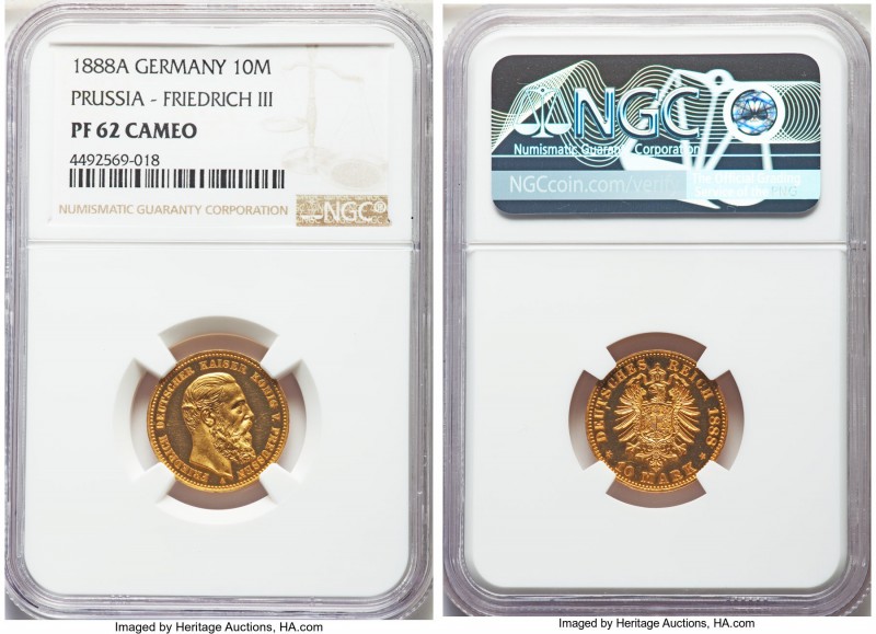 Prussia. Friedrich III gold Proof 10 Mark 1888-A PR62 Cameo NGC, Berlin mint, KM...