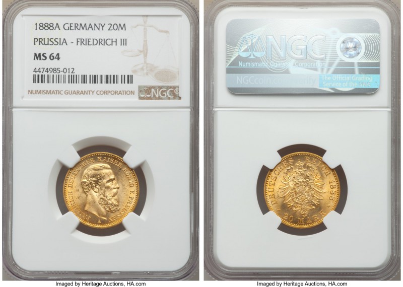 Prussia. Friedrich III gold 20 Mark 1888-A MS64 NGC, Berlin mint, KM515. Deep or...