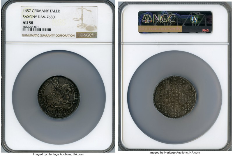 Saxony. Johann Georg II Taler 1657 AU58 NGC, Dresden mint, KM481, Dav-7630. A wo...