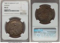 Saxony. Johan Georg III 2/3 Taler 1682-CF MS63 NGC, Chemnitz mint, KM571, Dav-810.  Absolutely original, with a sunset tinged obverse and pastel-color...