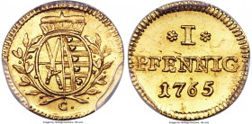 Saxony. Friedrich August III gold Off-Metal Pattern Pfennig 1765-C SP65+ PCGS, Dresden mint, KM-Pn43. An attractive off-metal variant of KM980 with hi...