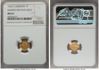Saxony. Friedrich August III gold Off-Metal Pattern Pfennig 1765-C MS63 NGC, Dresden mint, KM-Pn43. Strikingly attractive for its tiny size and minima...