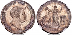 Württemberg. Wilhelm I "Free Trade" Taler 1833-W MS65 NGC, Stuttgart mint, KM570, Dav-955, Thun-435. Very scarce gem quality, mottled azure and merlot...