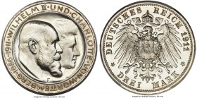 Württemberg. Wilhelm II 3 Mark 1911-F MS68 PCGS, Stuttgart mint, KM636, J-177a. In a fantastic state of preservation; the single highest graded exampl...