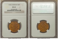 Weimar Republic 50 Pfennig 1925-E MS62 NGC,  Muldenhutten mint, KM41. A scarce issue in any grade, especially so in Mint State.

HID99912102018