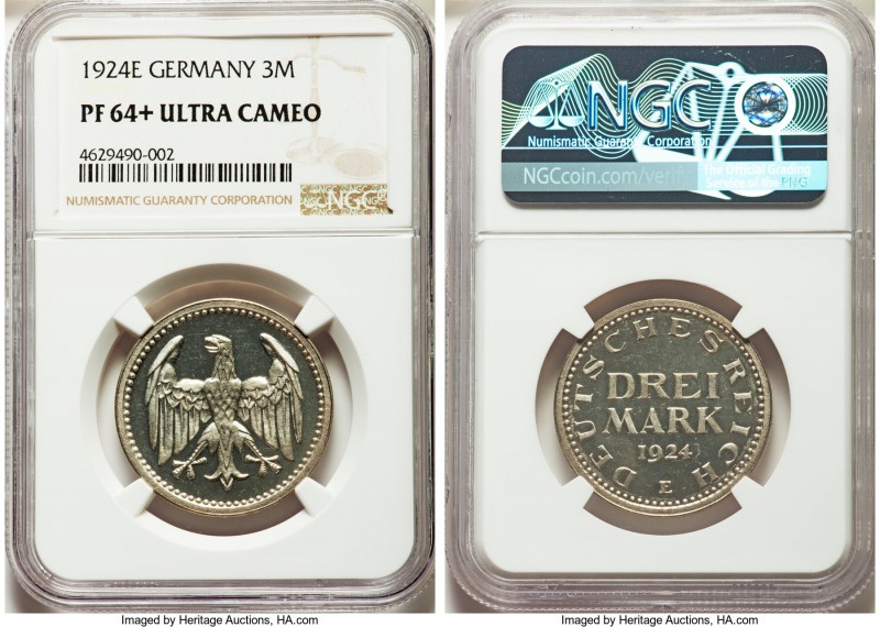 Weimar Republic Proof 3 Mark 1924-E PR64+ Ultra Cameo NGC, Muldenhutten mint, KM...