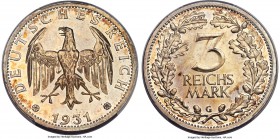 Weimar Republic Proof 3 Mark 1931-G PR63 PCGS, Karlsruhe mint, KM74. Unlisted as proof in Krause. 

HID99912102018