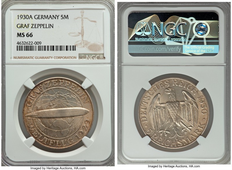Weimar Republic "Zeppelin" 5 Marks 1930-A MS66 NGC, Berlin mint, KM68. Bright fl...