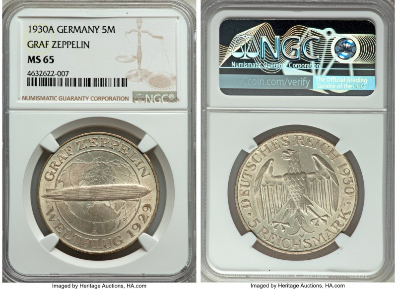 Weimar Republic "Zeppelin" 5 Mark 1930-A MS65 NGC, Berlin mint, KM68. Somewhat m...