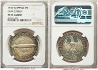 Weimar Republic Proof "Zeppelin" 5 Mark 1930-F PR63 Cameo NGC, Stuttgart mint, KM68. Lightly reddened around the globe with sublime reflectivity and o...