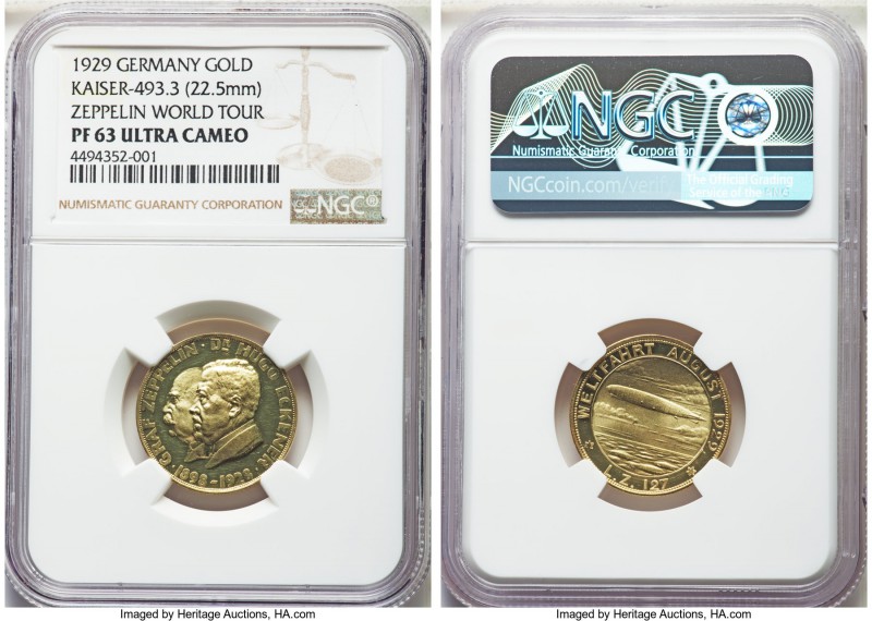 Weimar Republic gold Proof "Zeppelin World Tour" Medal 1929 PR63 Ultra Cameo NGC...