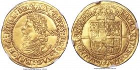 James I gold Laurel ND (1623-1624) AU55 NGC, Tower mint, Lis mm, Third Coinage, Fourth Bust, 8.97gm, KM75, S-2638C, N-2114. IACOBVS: D: G: MAG: BRI: F...